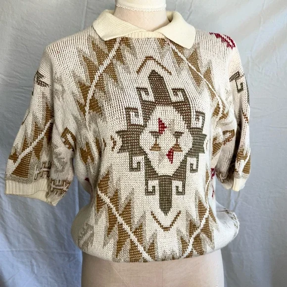 Vintage Southwestern Knit Cream Short Sleeve Collared Sweater Size Medium - Picture 2 of 10